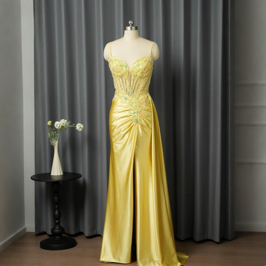 Yellow Spaghetti Strap Corset Gown Sequin Beaded High Split Formal Evening Dress