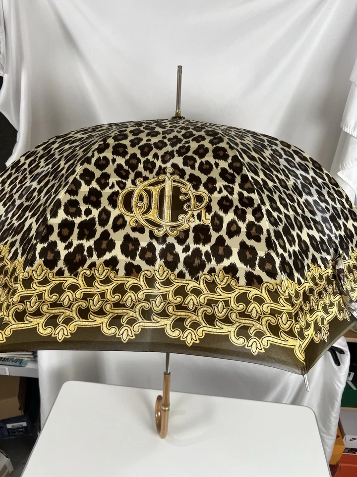 Christian Dior Leopardo Paraguas Largo Logo Marrón Dorado Metal Mango Madera Foto 2 de 4