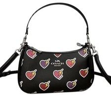 COACH Teri Shoulder Bag Signature Canvas  Leather Heart Print Silver/Black, NWT