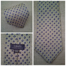 Chaps Ralph Lauren Men's Silk Tie Necktie Navy Blue Silver Geometric Vintage USA