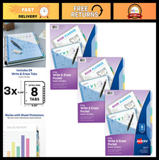 Multicolor Write  Erase Pocket Dividers for 3 Ring Binders, 8 Tabs, 3 Sets