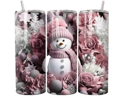 3D Affect Pink Snowman Floral Winter  20oz Tumbler Insulated Travel Mug Cup
