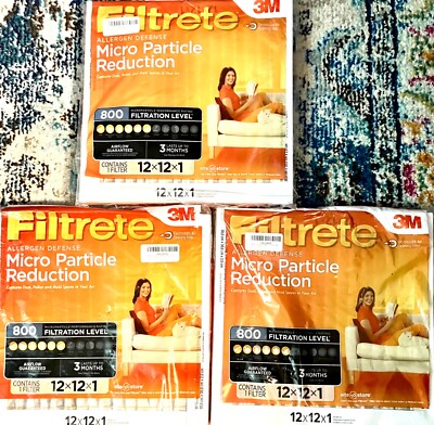 3 Pack Filtrete 3M 12x12x1 800 MPR Micro Particle Reduction Filters - NEW