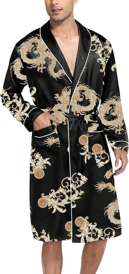 Мужской легкий атласный халат с шортами мягкий шелковистый кимоно стиль Loungewear - Изображение 2 из 4