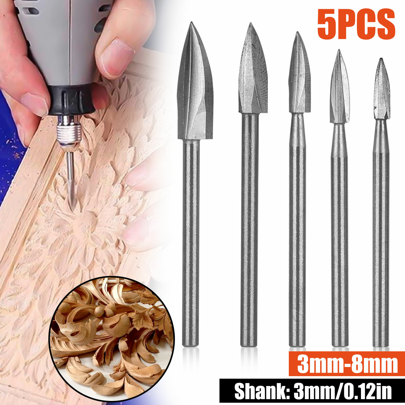 HSS Rotary Burrs Wood Carving Cutting Burr Drill Bits Set 1/8" for Dremel Tool