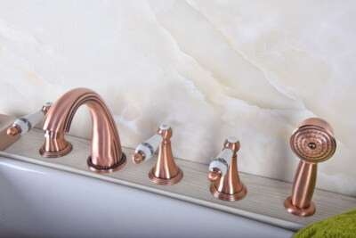 Antique Red Copper 5 Holes Wide-Spread Bathroom Faucet W/ Hand