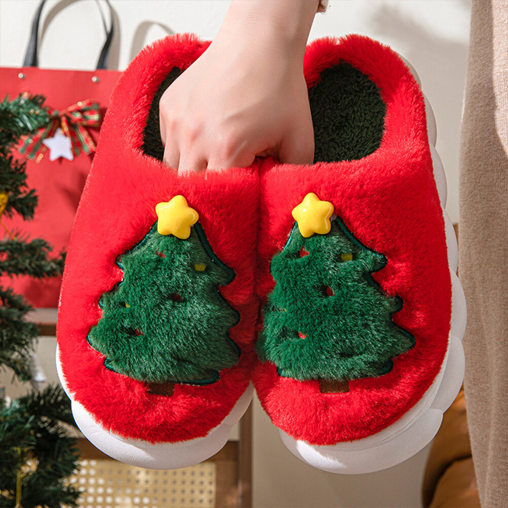 APL Flat Thermal Slippers Furry Xmas Tree Slipper Soft Couple Slippers for Men Women