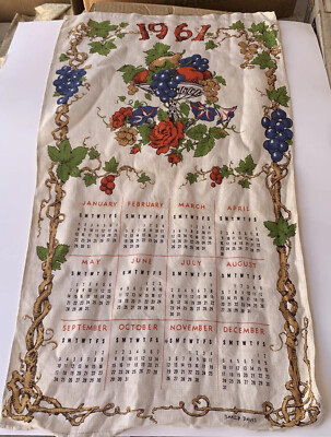 Vintage 1961 Calendar Tea Towel Fruit Bowl Baker Davis Vivid | eBay