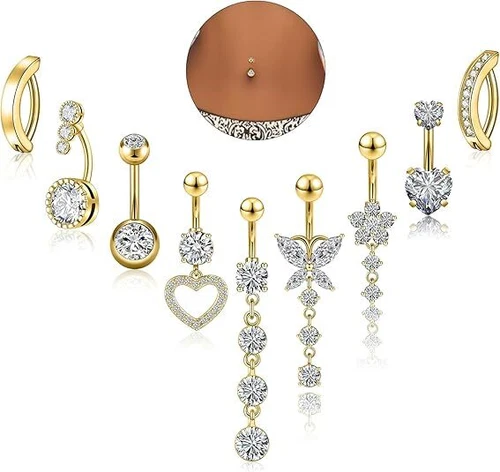 9PCS Stainless Steel Dangle Belly Button Ring CZ Navel Piercing Jewelry Kit 14G