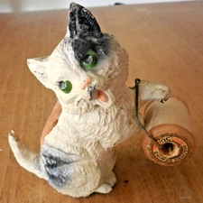 Antique Painted Metal Kitty Cat Pin Cushion Thread Holder MI Germany