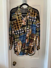 ATTITUDES by RENEE Como Jersey Mesh Shoulder Shirt PATCH PLAID sz SMALL