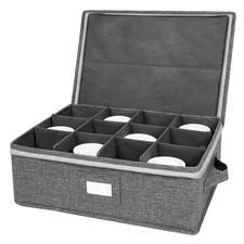 Grey Cup, Mug Storage Box, Holds 12, Hard Shell, Zipper Lid, Handles, Stackable