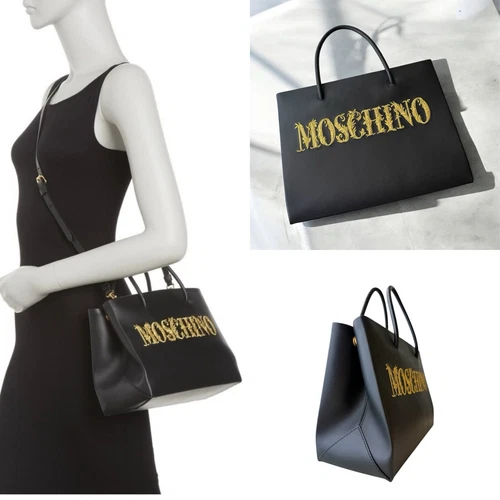 Borsa a tracolla nera pelle di vitello ricamata logo Moschino nuova con etichetta
