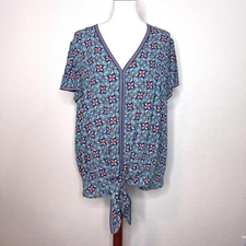 MAX STUDIO NWT Popover Short Flutter Sleeve Top 3X Front Tie at Hem Blue Pink