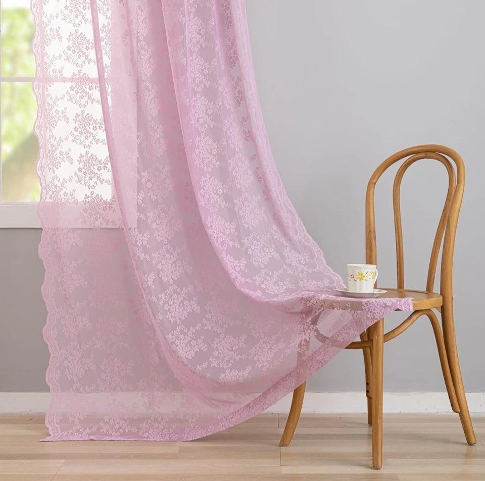 Conjunto de 2 cortinas de renda transparente rosa claro recortado 54"L x 72" L novo em folha - Imagem 3 de 4