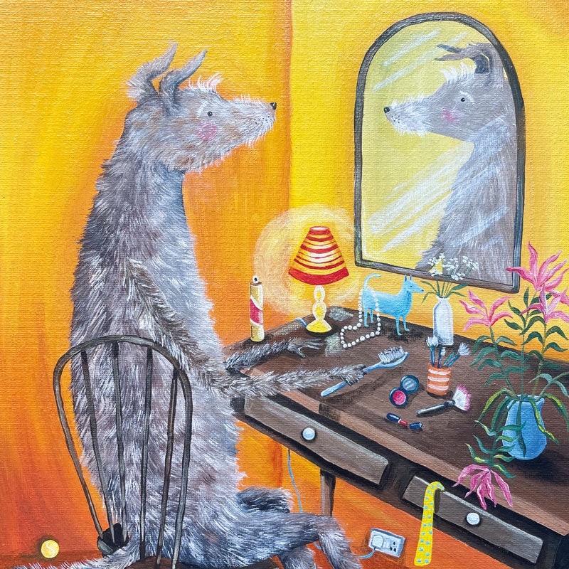 He Knew He Looked Great - Art Blank Greeting / Birthday Card - Dog Humour Mirror