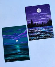 "Moonlight Beauty" 02 ACEO Original Acrylic Paintings Vintage Arts Signed ATC