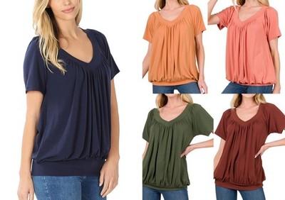 1X 2X 3X Women's V Neck Short Sleeve Shirring Top Soft Stretchy Fabric Blouse