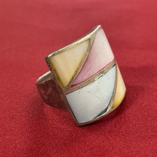 Vintage Sterling Silver 925 Mother of Pearl Multicolored Panels Ring Size 9.5