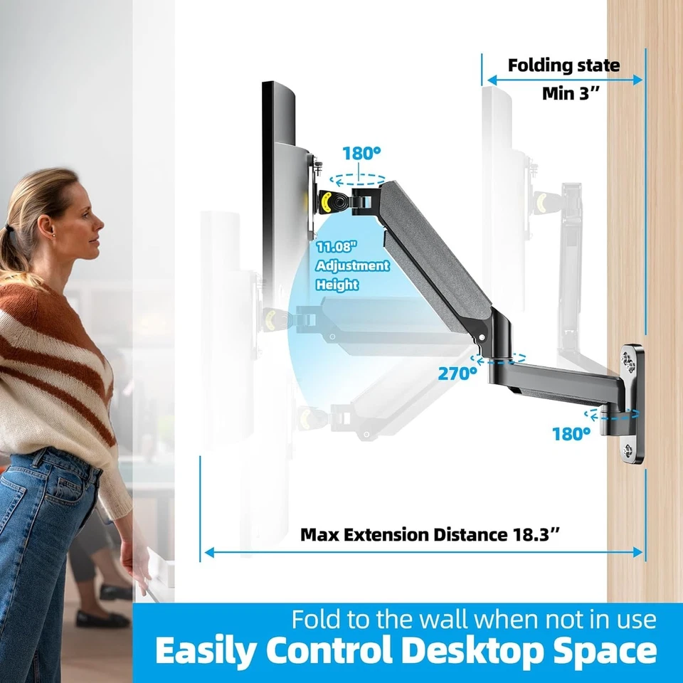 Single Monitor Wall Mount 13–32 Inch Adjustable Gas Spring Arm - Image 2 of 4