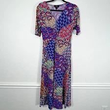 MSK Women's Short Sleeve Midi Dress Women's Small Blue Mixed-Print Twist-Front