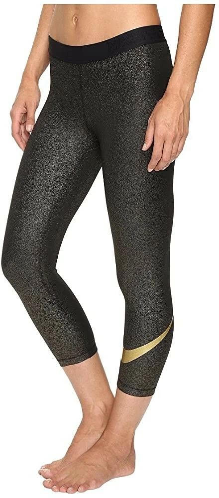 Womens Nike Pro Sparkle Capri 3/4 Leggings Sz S Black Metallic Gold 881778  010