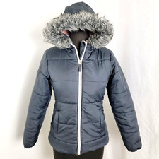 Rothschild Quilted gray Girls Coat with hood faux fur trim L Large 14 pink lined