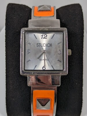 Studio Silver Tone Dial Square Case Orange Silver Tone Open Cuff Band Watch