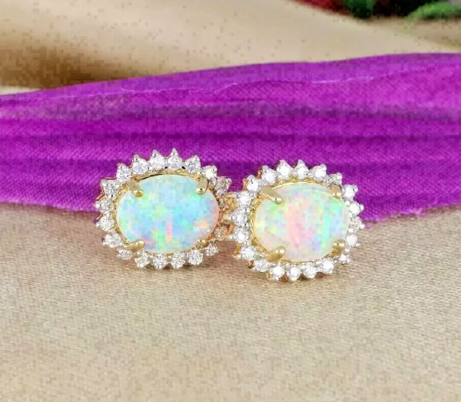 2Ct Lab-Created Oval Opal & CZ Halo Stud Earrings in 14k Gold Plated-image