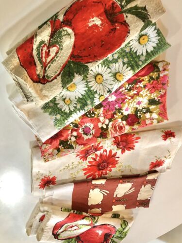 Vintage Tea Towel Lot Of 6 Cotton 60’s 70’s New + Pre-Owned Red White Daisy - Afbeelding 1 van 24