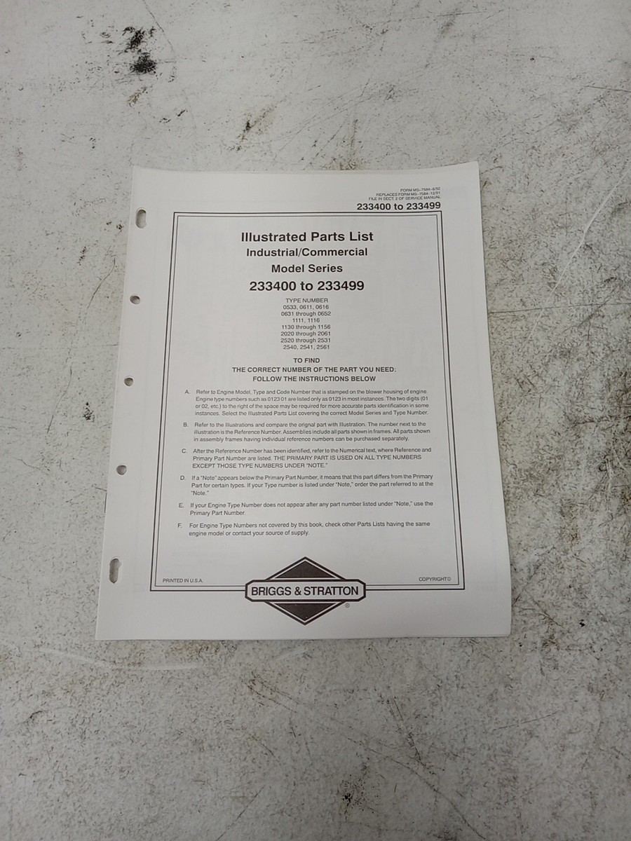 Briggs & Stratton 233400 to 233499 Engine Illustrated Parts List