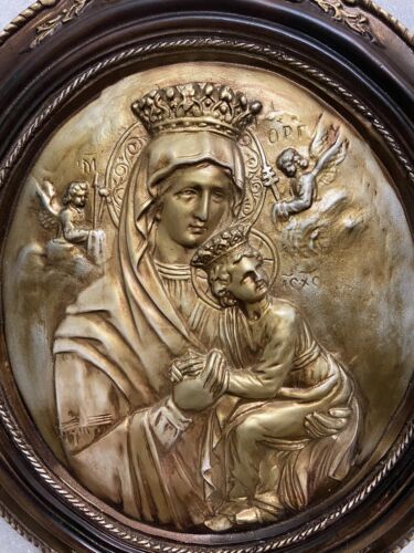 Quadro Sculturale Antico Vintage Vergine Maria Cristo Bambino - Polvere di Marmo - Foto 2 di 14
