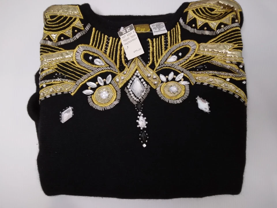 Suéter Vintage Lana de Cordero Angora Ala de Murciélago Negro Adornado Dorado NUEVO STOCK ANTIGUO Foto 3 de 4