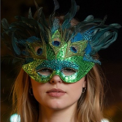 Peacock-Inspired Green Feather Mardi Gras mask