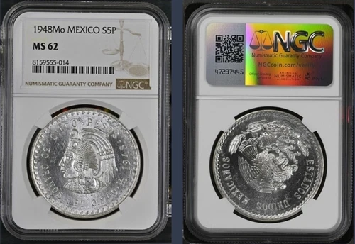 Mexico 1948 5 Pesos Silver ASW 30g. Cuahtemoc NGC MS62 (As Pictured)