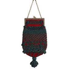Antique 1900s Victorian Purse Red Crochet Carnival Glass Beads Tassel Silk