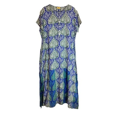 Roberta Roller Rabbit Cotton Kaftan Dress Blue Green Block Print Womens Large