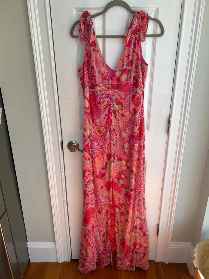 David Meister Maxi Dress Women's Size 12 Silk Pink Paisley Tropical Vacation - Image 3 of 4