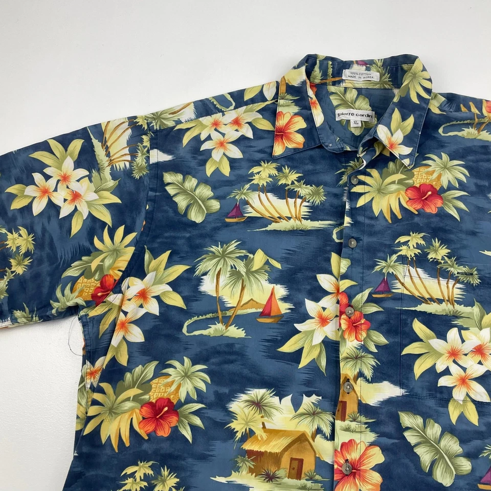 PIERRE CARDIN Hawaiian Shirt Floral Tropical Print Blue Mens XL - Image 3 of 4