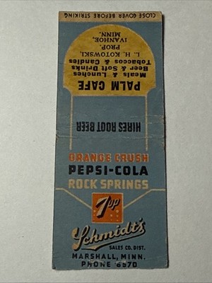Ivanhoe Marshall Minnesota Palm Cafe Schmidts Pepsi Hires Vtg 1940s Matchbook