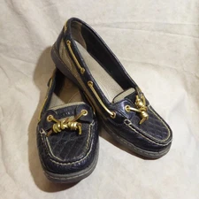 🥿 Sperry Boat Shoes sz 9 M Black Quilt Leather; Gold Grommets & Lacing; Details