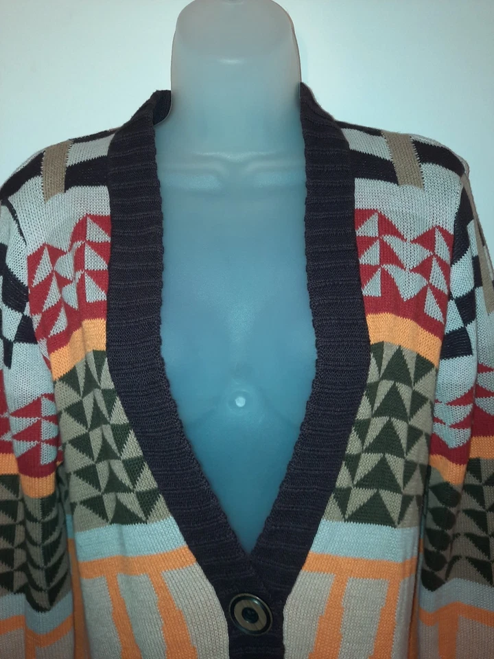 Sparrow Anthropologie 棕色几何开衫毛衣 L 码亚麻棉羊毛 — 第 2/4 张图片