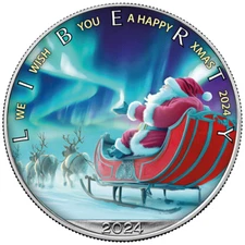 2024 US Silver Eagle Santa & Polar Lights Coin Colorized 1 oz silver Christmas