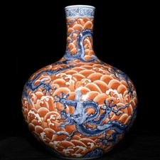 16"Antique dynasty Porcelain xuande mark Blue white Five Dragons Tianqiu vase