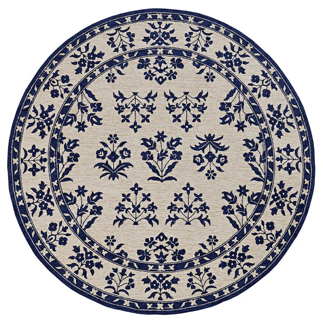 AREA RUGS "DELFT FLORAL" INDOOR OUTDOOR RUG 7'6" ROUND IVORY