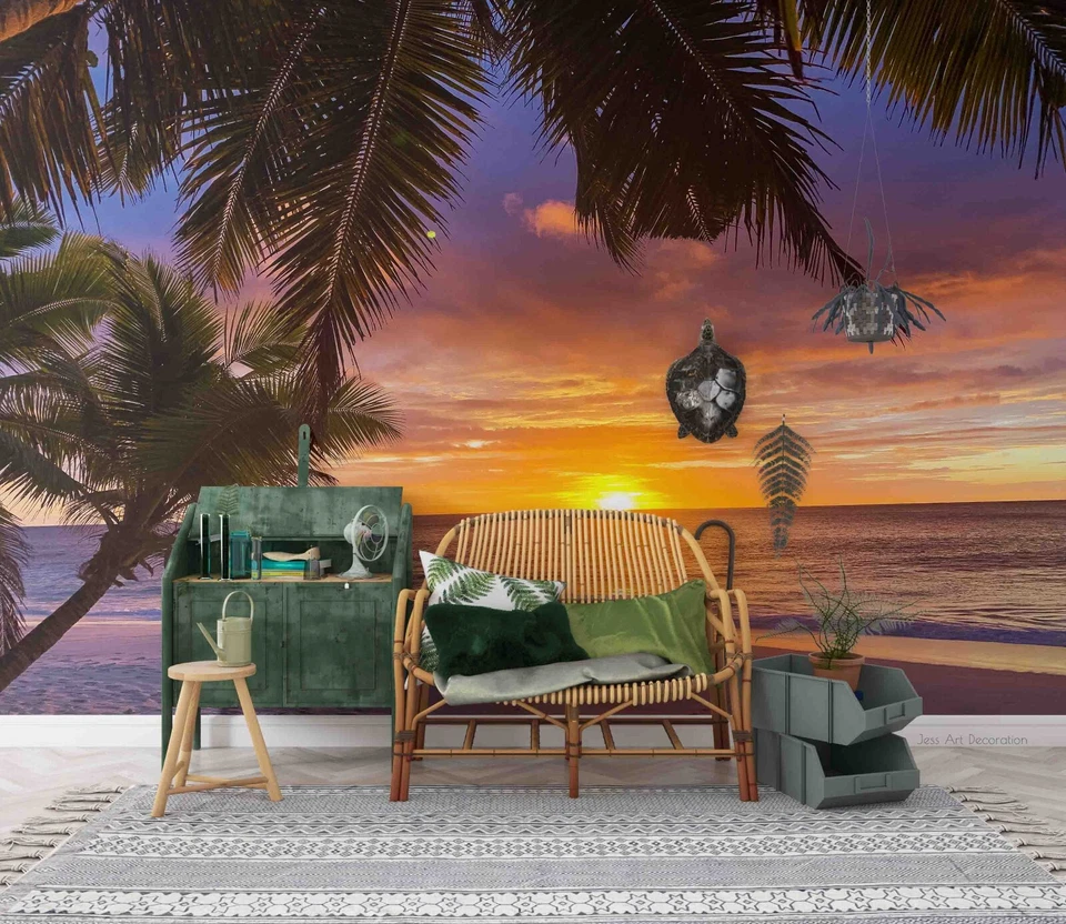 Murales de pared 3D Sunset Sky Sea coco árbol papel tapiz murales pegatina de pared Foto 2 de 4