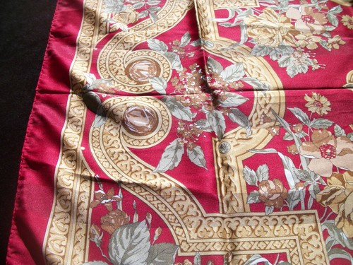 Vintage Print Scarf Flowers & Scrolls Dark Red Tan Brown Green SC56 - Picture 7 of 12