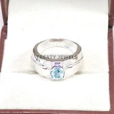 Aquamarine Oval Cut Gemstone With 925 Sterling Silver Ring For Men's #A789