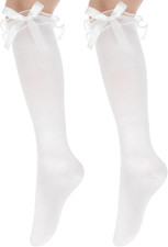 Girls White Knee High Socks with Bows School Uniform Dance Cosplay