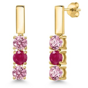 Authentic 1.55 Ct Pink Lab Grown Diamond Red Ruby 18K Yellow Gold Plated Silver Earrings